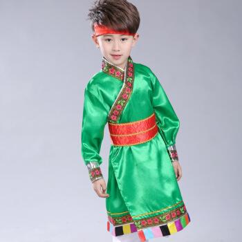 小学生藏族服饰少数民族儿童演出服装舞蹈表演服衣服男童蒙古服装 绿
